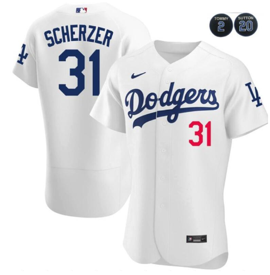 Men's Los Angeles Dodgers #31 Max Scherzer White White #2 #20 Patch Flex Base Stitched Baseball Jersey